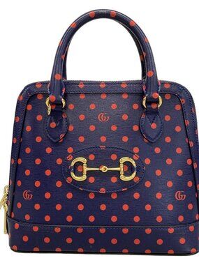 Gucci Handbag Horsebit Small Top Handle Bag Navy Red Dot Pattern Leather